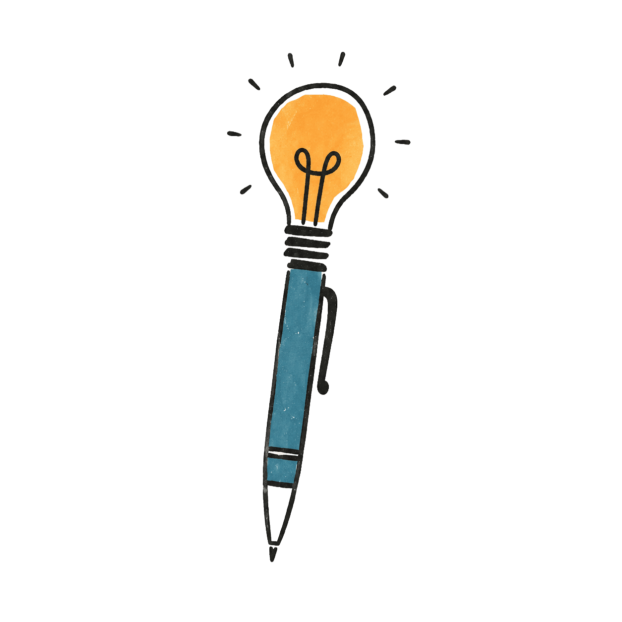 An illustrated pen whose top is a glowing lightbulb.