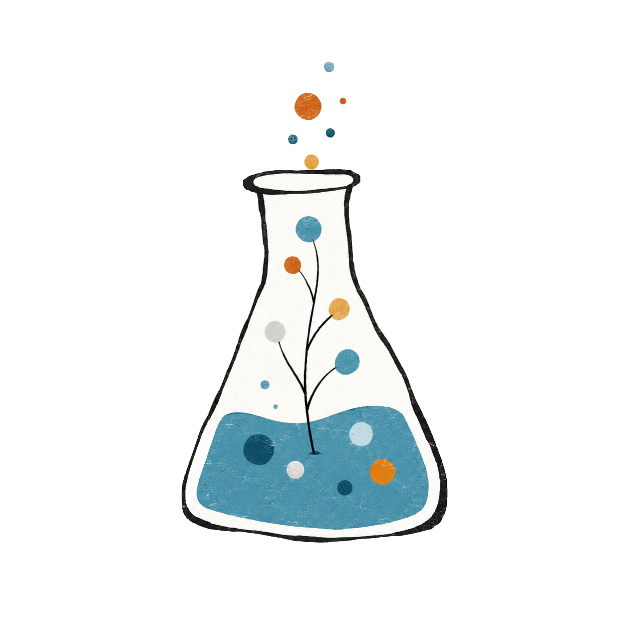 An illustrated flask with an idea growing inside it, bubbles rising from the neck.