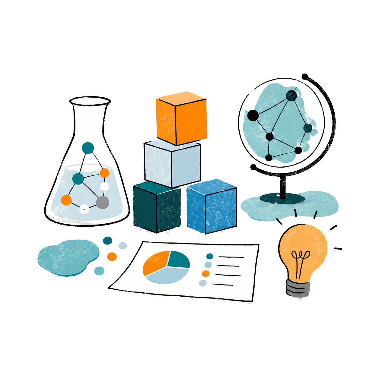 An illustrated lab bench: a flask holding a network of connected ideas, building blocks, a globe and a glowing lightbulb.