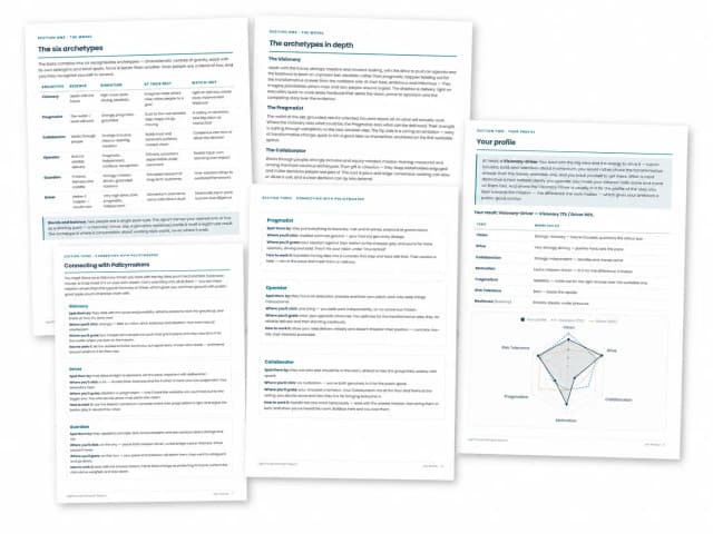 Fanned pages of a Lighthouse Mindset Report: the six archetypes, an individual profile and a trait radar chart.