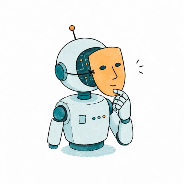 An illustrated robot thoughtfully holding a human face mask.