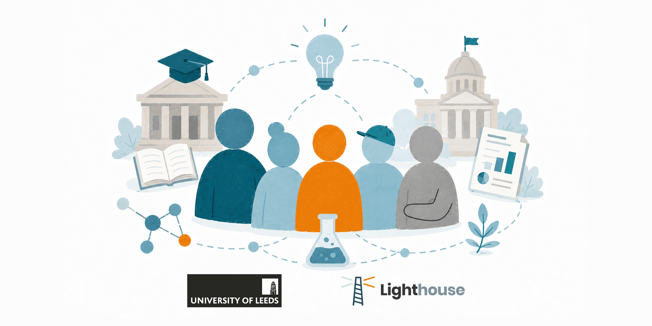 Illustrated figures gathered between a university, a town hall and a government building, connected by a network of light.